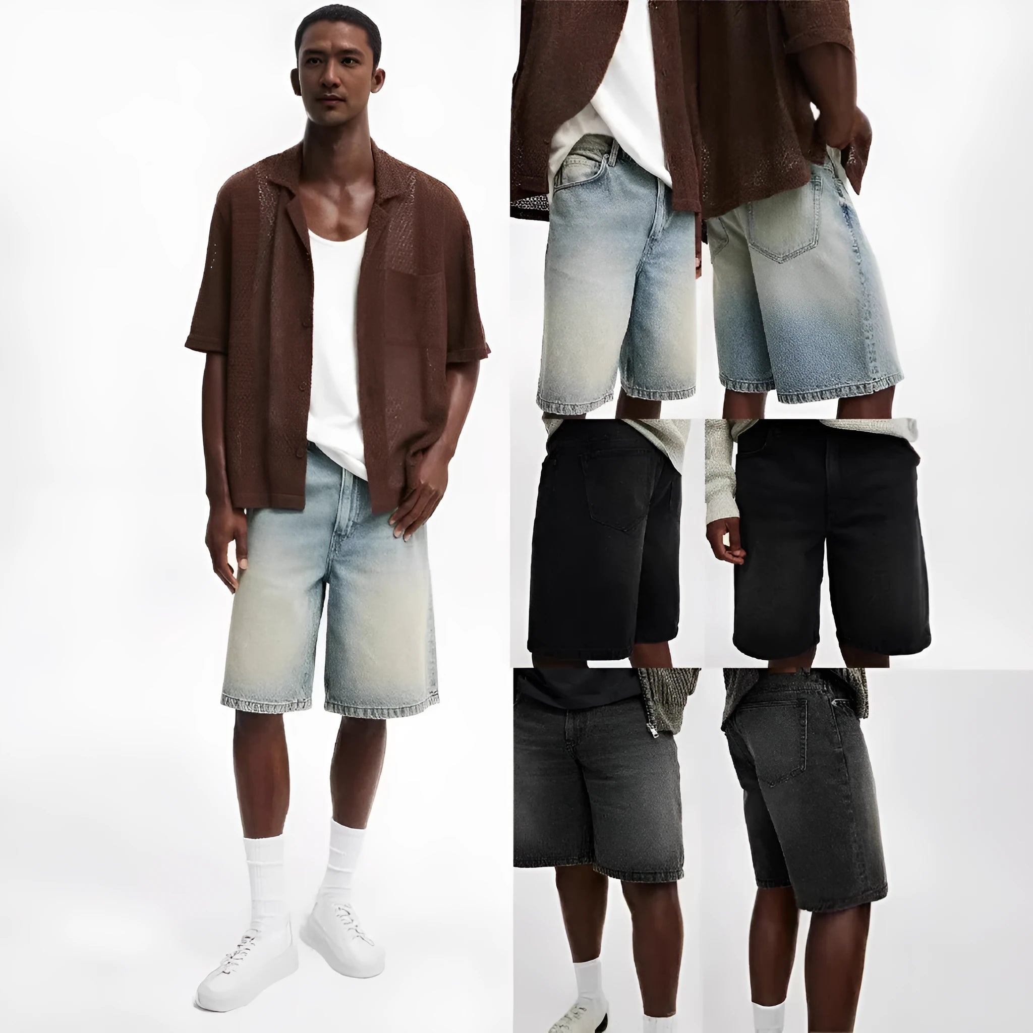 Men's loose fit light blue denim jeans with straight leg on a neutral background