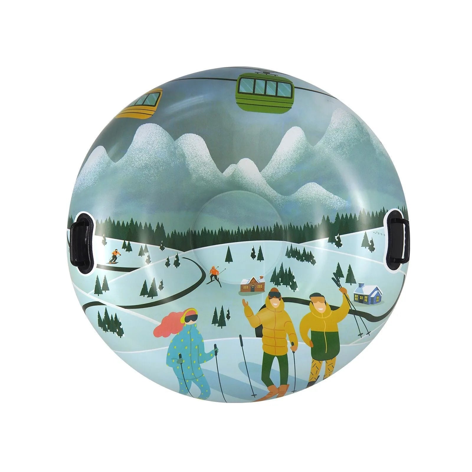 PVC plastic ski ring toy for children in a winter sports printed design, shown in one of three colour options.