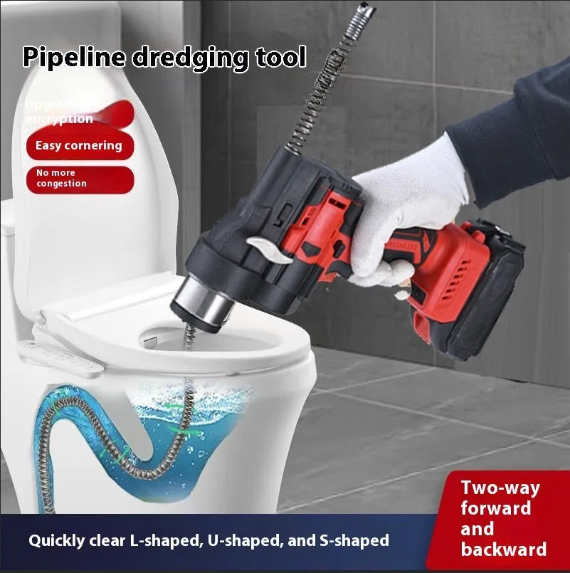 Electric pipe unclogger with 21V automatic feed and 7.5m steel spring bag for drain clearing