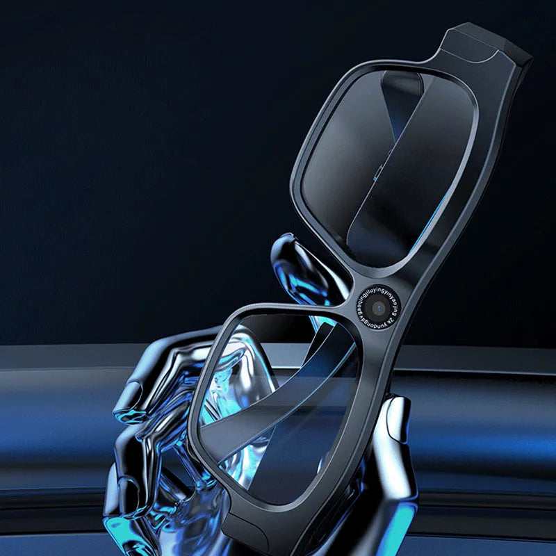 Black smart Bluetooth glasses with video camera for head-mounted recording