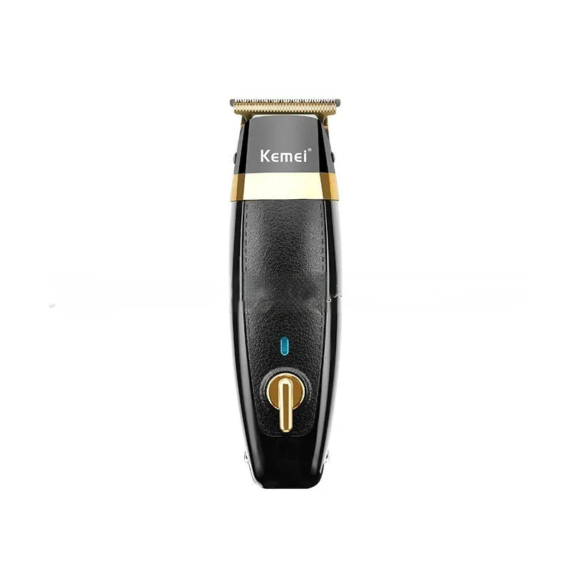 KM1834 rechargeable electric hair clipper with 5 limit combs and USB cable on white background