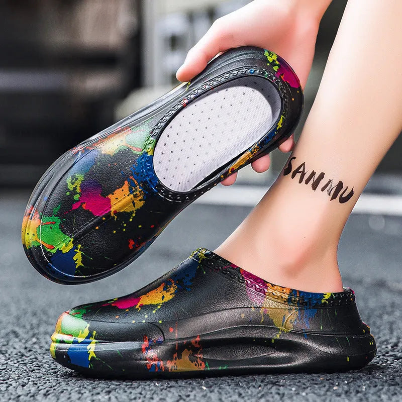 Men's black EVA work slippers with platform pump design and toe cap protection for food workshop use