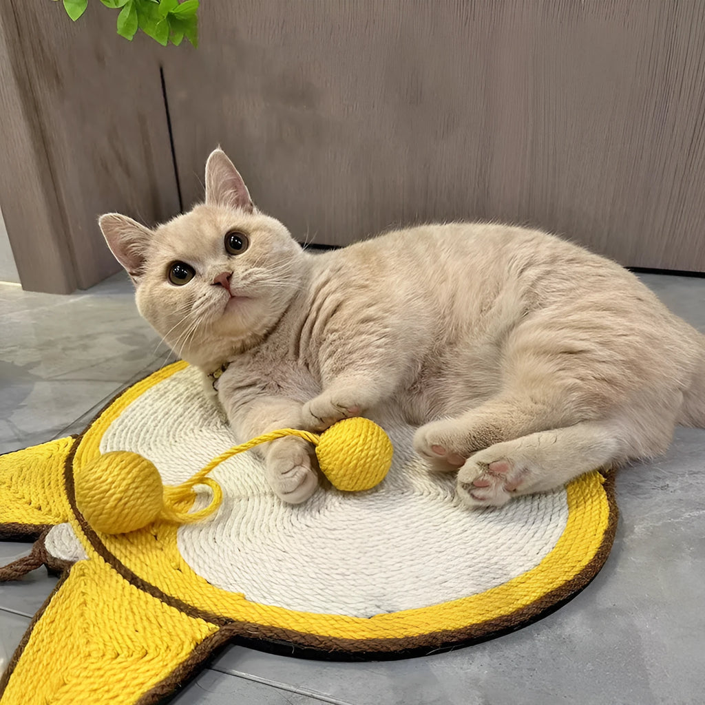 Yellow Corgi butt-design sisal cat scratching pad with anti-slip base and adhesive hooks.