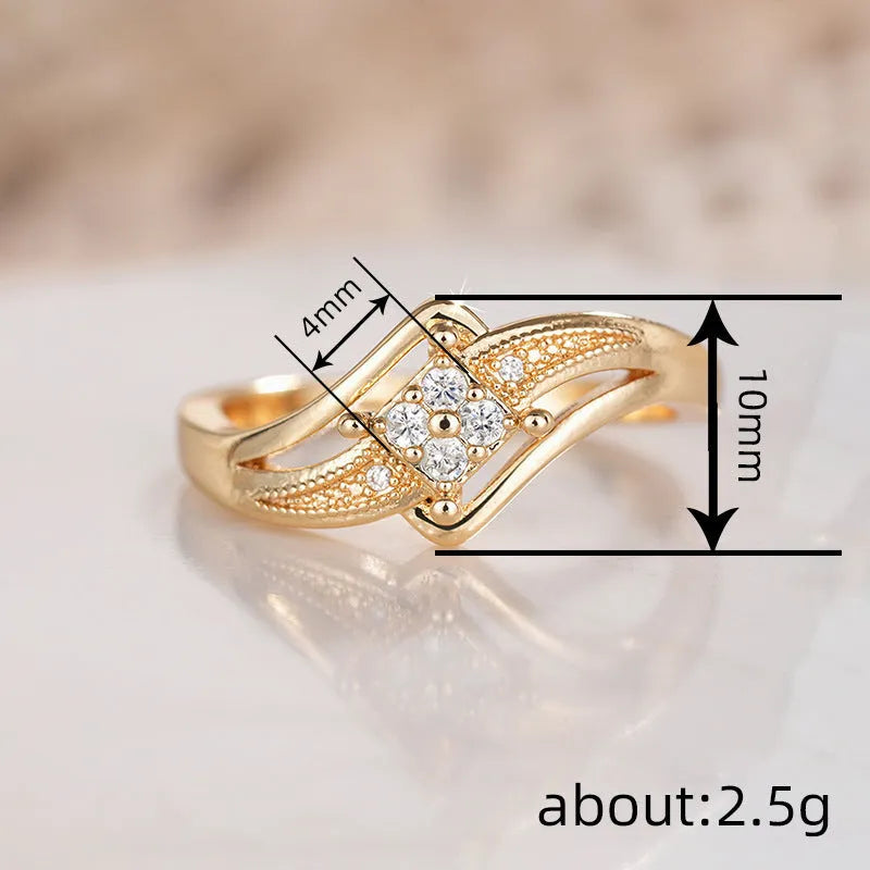 Women's yellow gold coloured copper diamond ring with micro-inlaid zircon geometric design