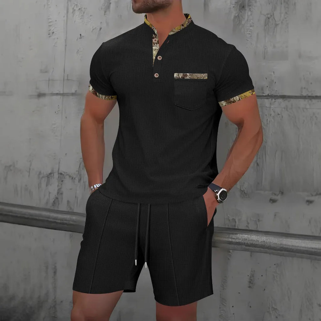Men's grey waffle texture zipper polo collar short sleeve jacket and matching shorts set on a hanger.