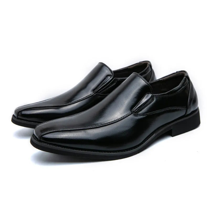Men's black pointed toe patent leather-style shoes with totem detailing on artificial PU upper