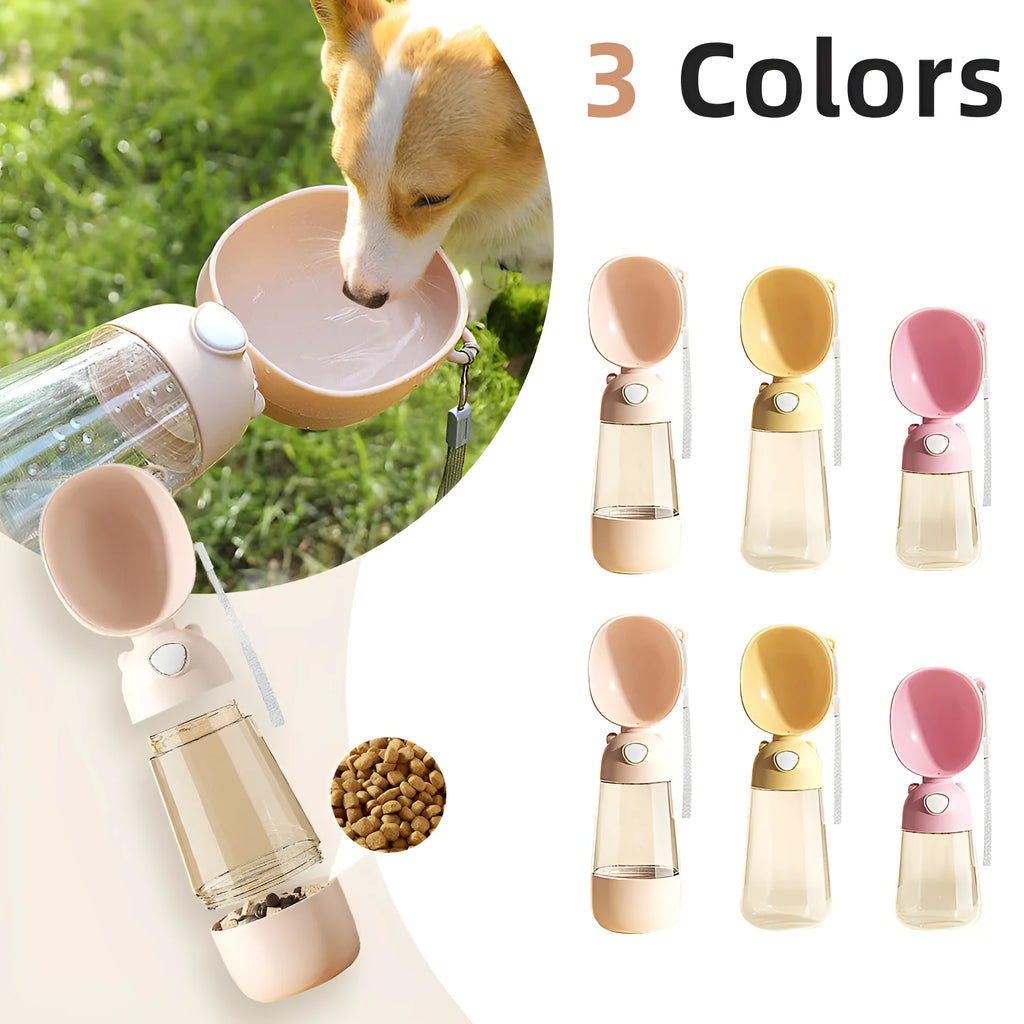 Portable dog water bottle and food container with integrated drinking bowl for pet travel