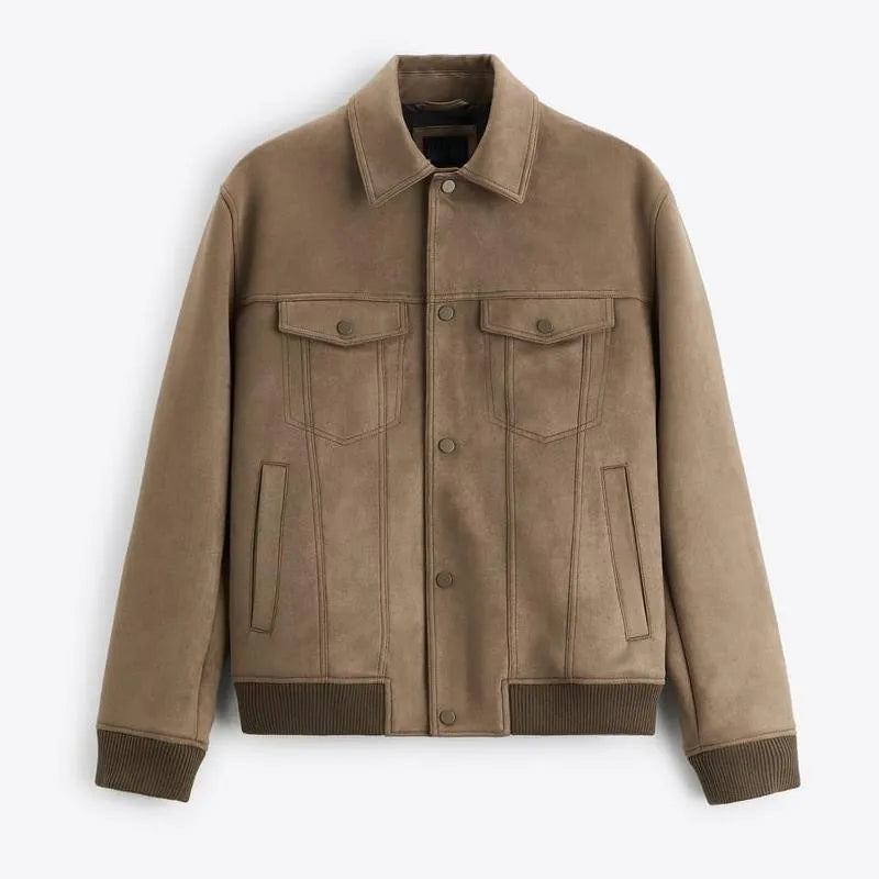 British style suede velvet commuter jacket in mink colour with long sleeves and flexible spandex composition