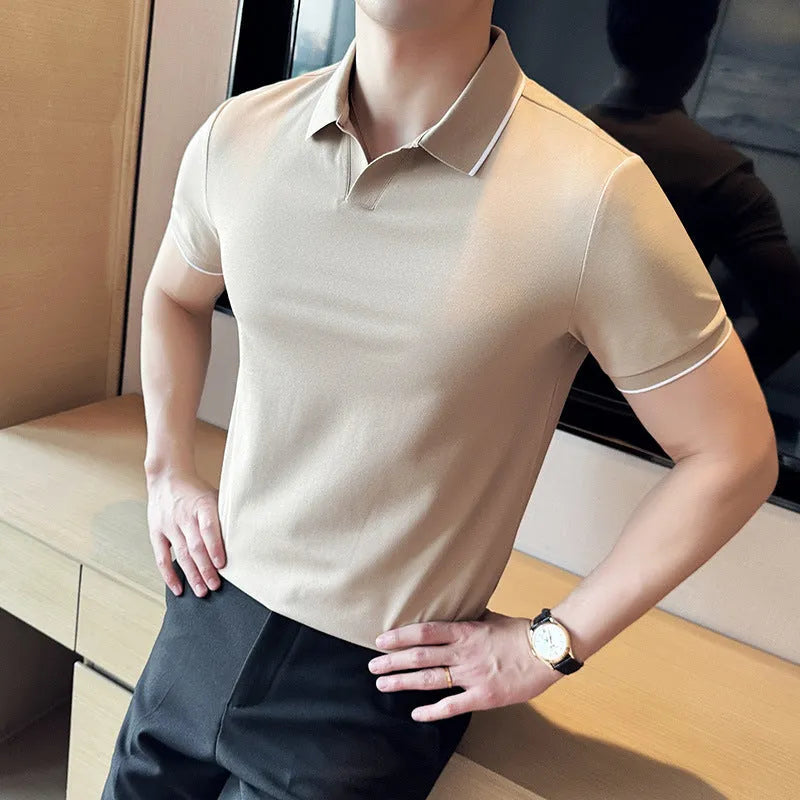 Men's short sleeve polo shirt with lapel collar in a cotton blend fabric, shown in multiple colour options.