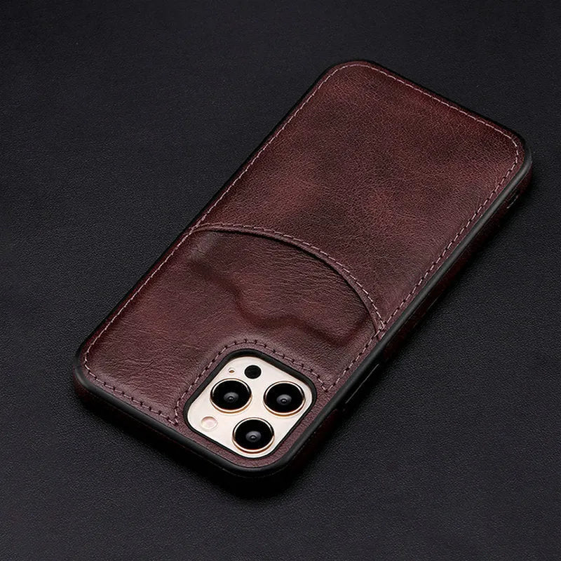 Dark blue PU leather protective case for iPhone, shown fitting an iPhone model.