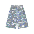 Cropped camouflage colour denim work trousers with straight leg and zipper fly on a mannequin