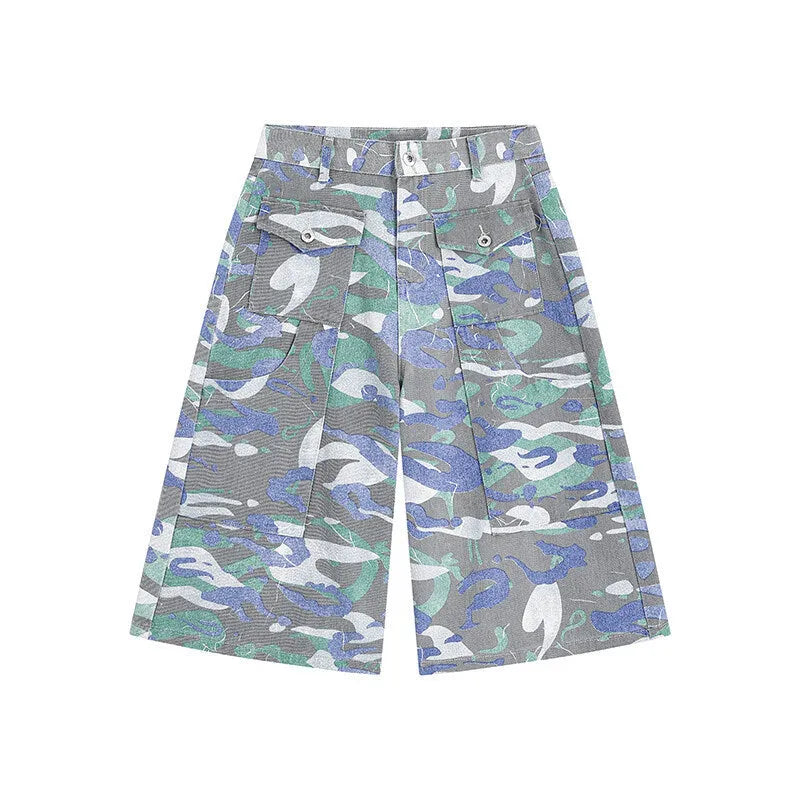 Cropped camouflage colour denim work trousers with straight leg and zipper fly on a mannequin