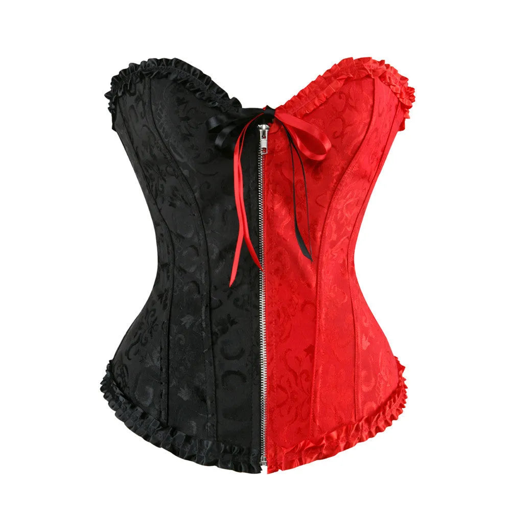 Women's black jacquard spandex corset top with a front zip closure for waist support.