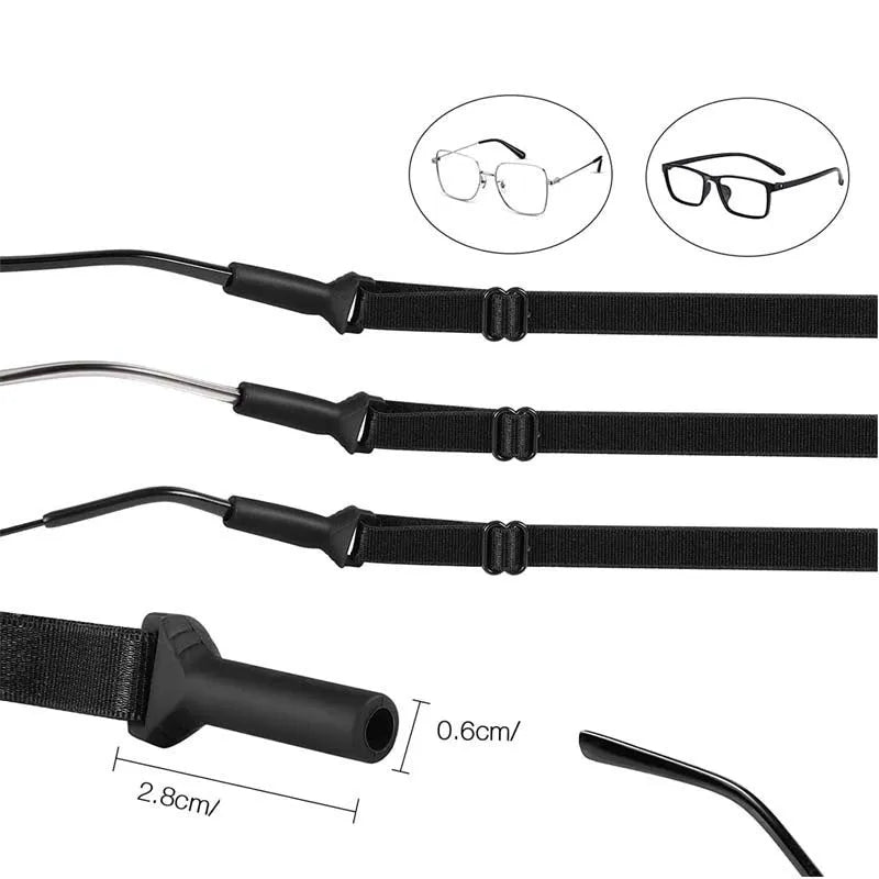 Black adjustable glasses cord with silicone ends shown fitted to a pair of spectacles