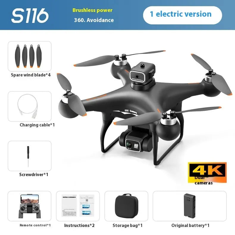 Black or White HD compact brushless UAV drone with four-side obstacle avoidance sensors.
