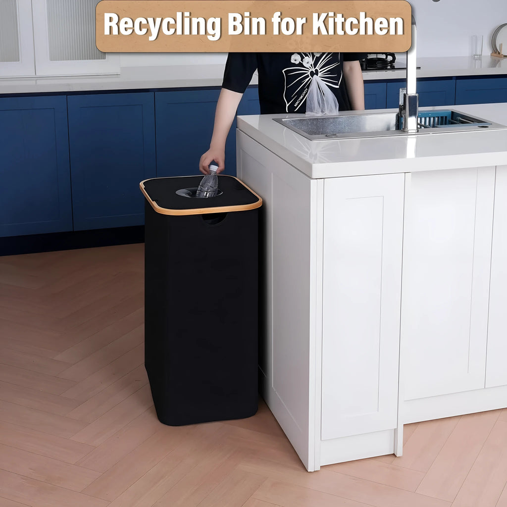 Black bamboo storage basket with removable lid and double inner pockets for laundry organisation