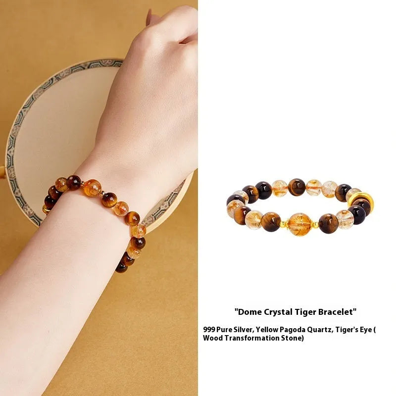 Crystal tigereye beaded bracelet for women, 8mm beads, sterling silver, dome tiger colour, on wrist