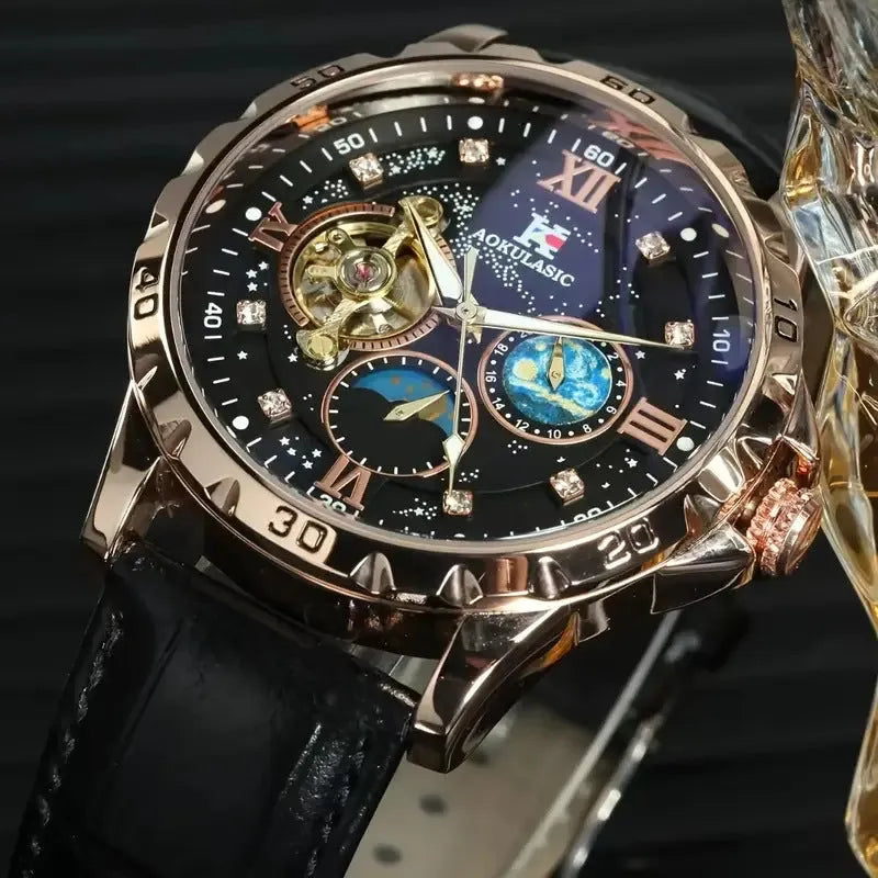 Men's automatic mechanical watch with large hollow dial and rose gold shell casing