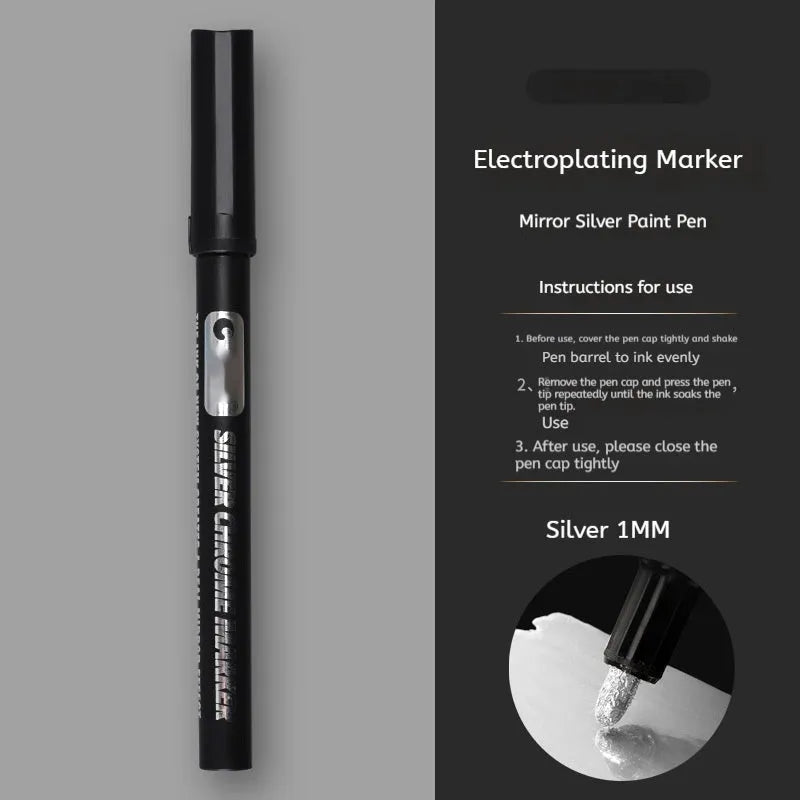 Waterproof mirror marker pen with plastic shell, shown with 1mm and 2mm tip size options.