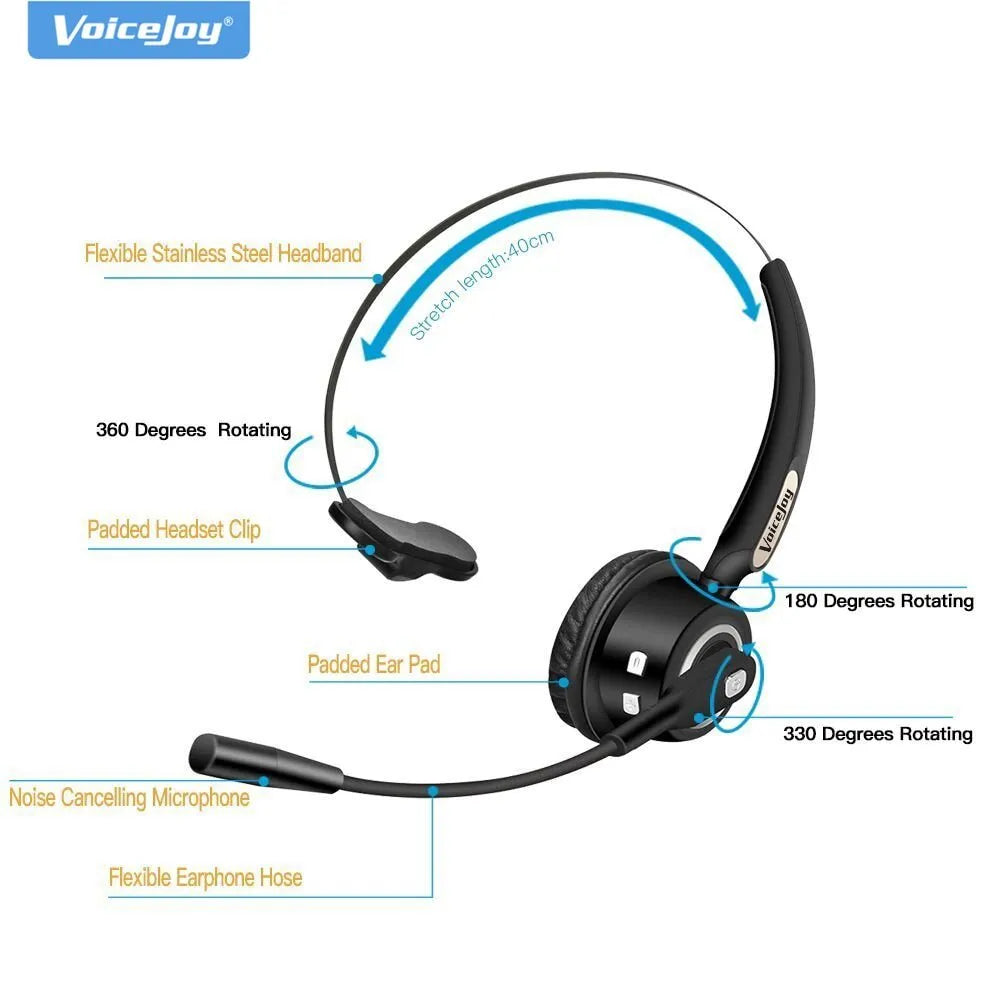 Over-ear Bluetooth headset with microphone for truck drivers and office use, shown with USB charging cable.