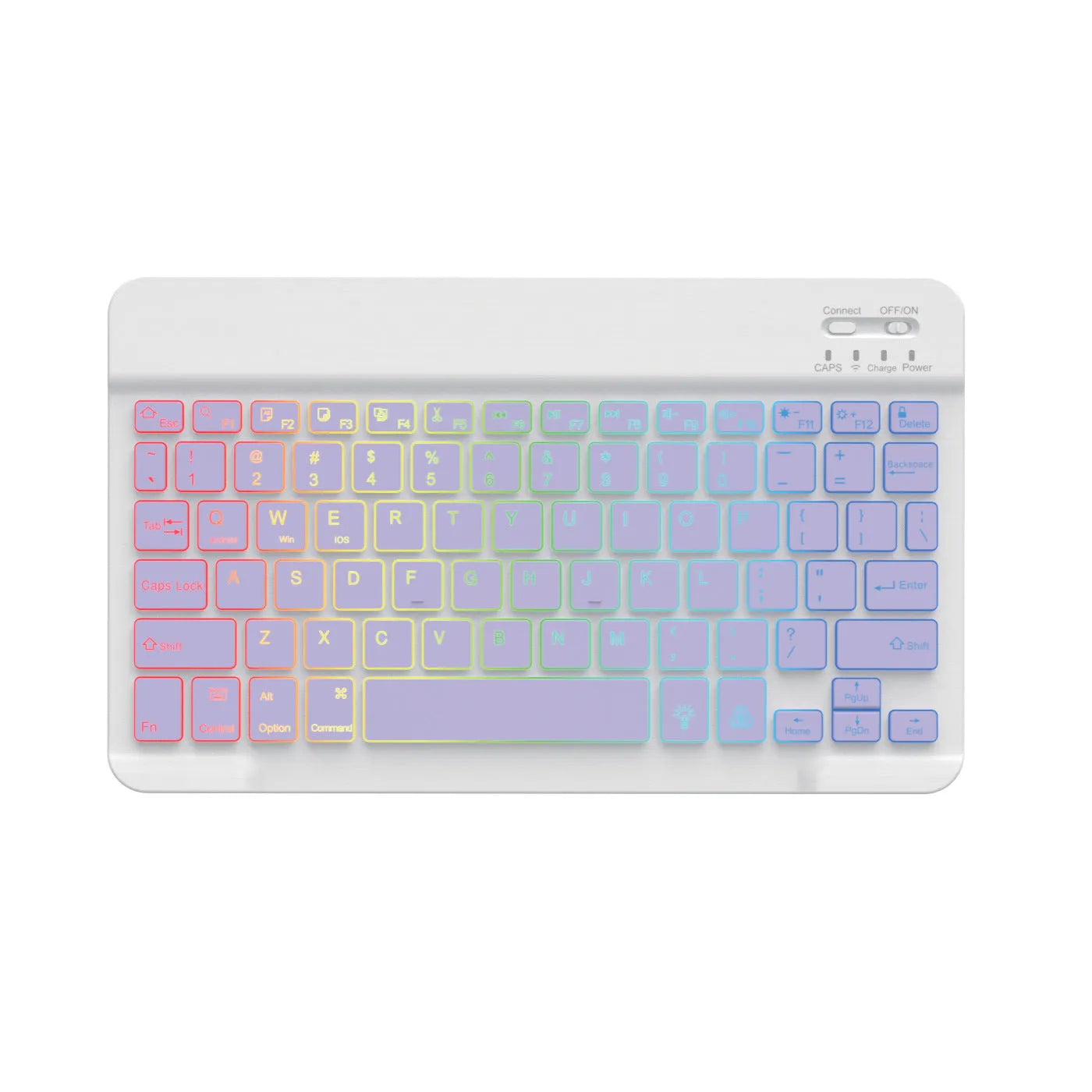 A 10-inch black Bluetooth keyboard with multi-colour LED backlit keys on a desk next to a tablet.