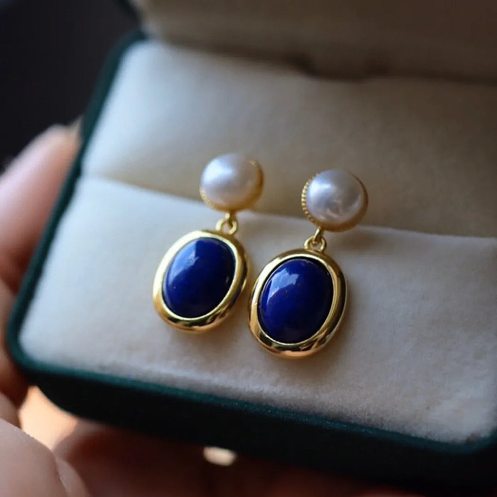 A pair of simple lapis lazuli pearl earrings made from 925 sterling silver with auspicious patterns.