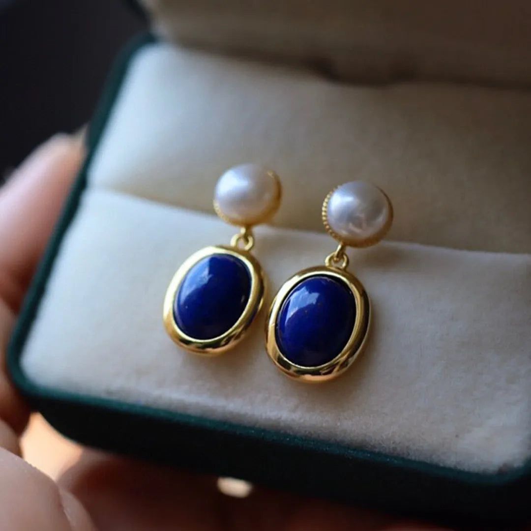 A pair of simple lapis lazuli pearl earrings made from 925 sterling silver with auspicious patterns.