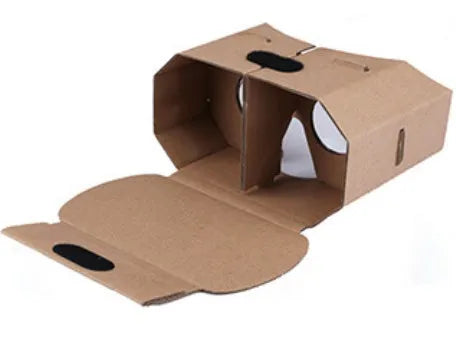 Corrugated cardboard virtual reality glasses for smartphones showing 3D content.