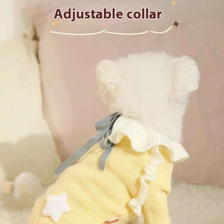 Acrylic dog sweater for small breeds in yellow XINGX or fairy dress design with size chart