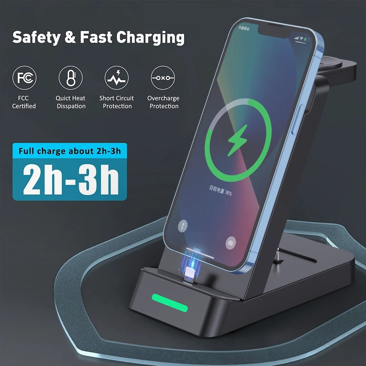 Black 3-in-1 wireless charging dock showing a phone charging vertically, with spots for AirPods and Apple Watch.