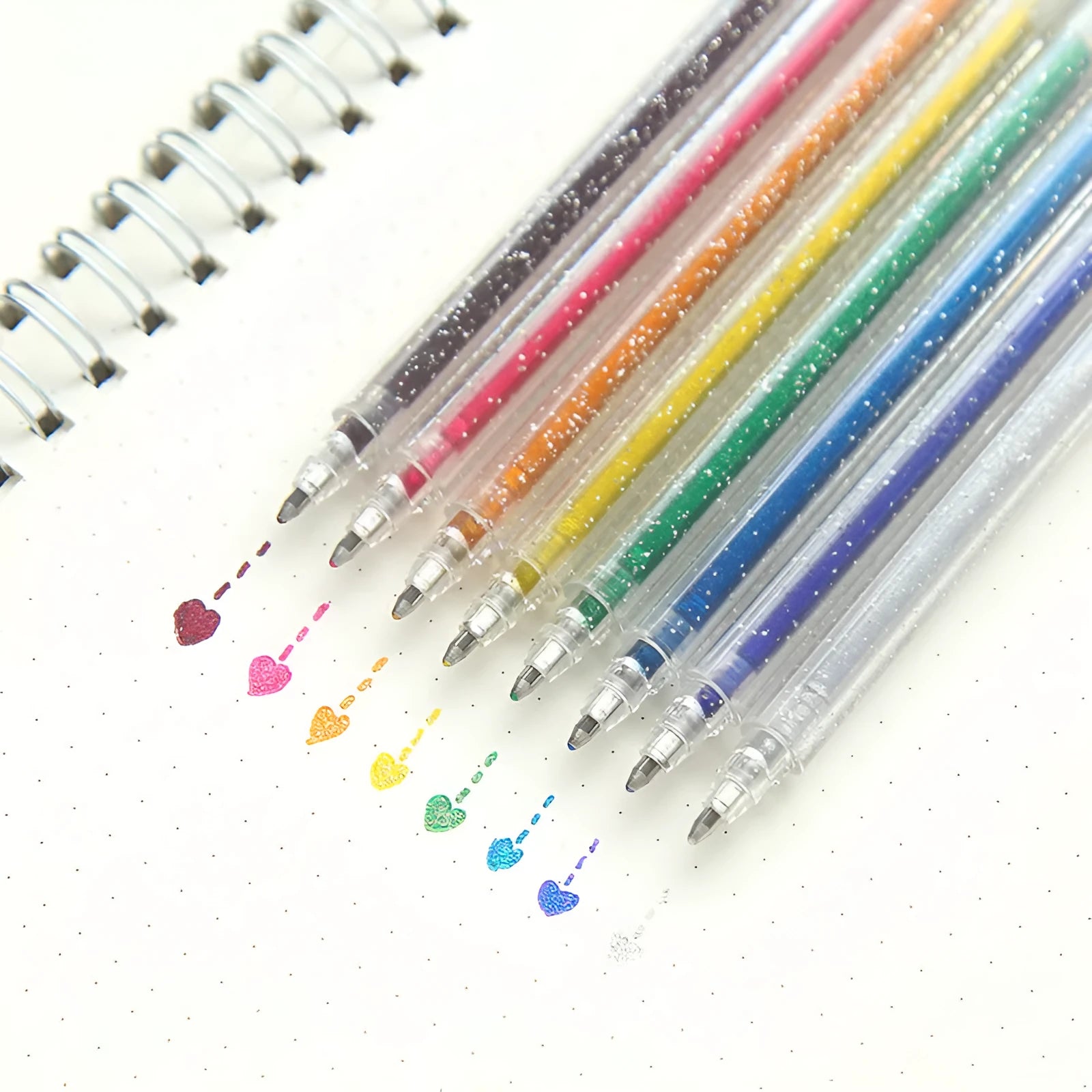Colour changing flashing LED gel pen set with 8 transparent plastic pens showing internal mechanism