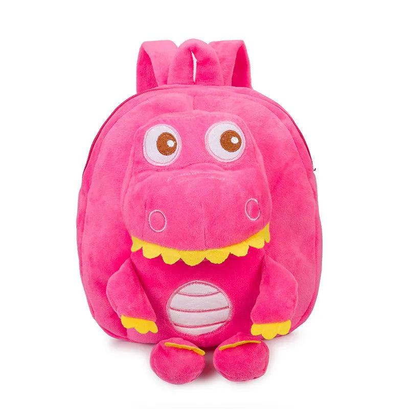 Children's dinosaur plush backpack with embroidery detail and soft handle in blue colour option