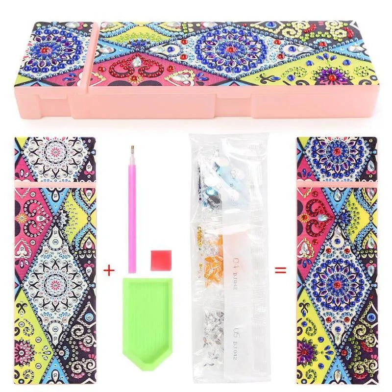 DIY diamond painting pencil case kit with PU leather wrist bag, resin drill bits, and diamond chips, 10 colour options, 200x150x10mm