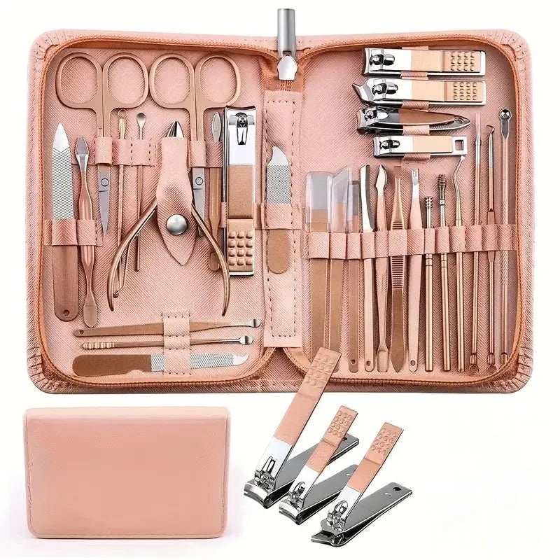 30-piece stainless steel nail beauty tool set with tools in five colour options including pink, blue, rose gold