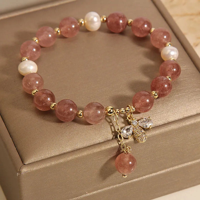 Women's strawberry quartz freshwater pearl bracelet with zircon detailing in Japanese South Korean style