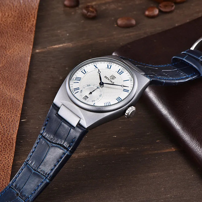 Men's quartz watch with white shell white surface, calendar, and waterproof build, 12mm thickness, business style