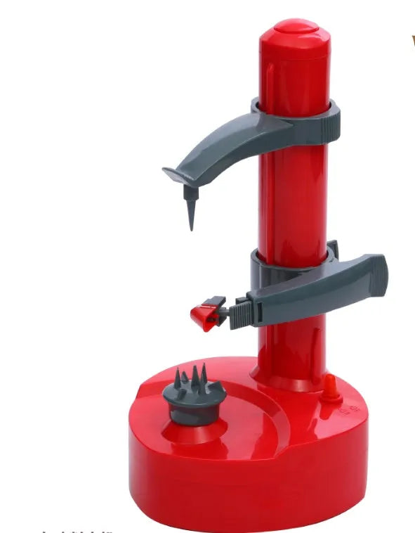 Multifunction electric peeler with stainless steel blades, white body, and non-slip base on a kitchen worktop