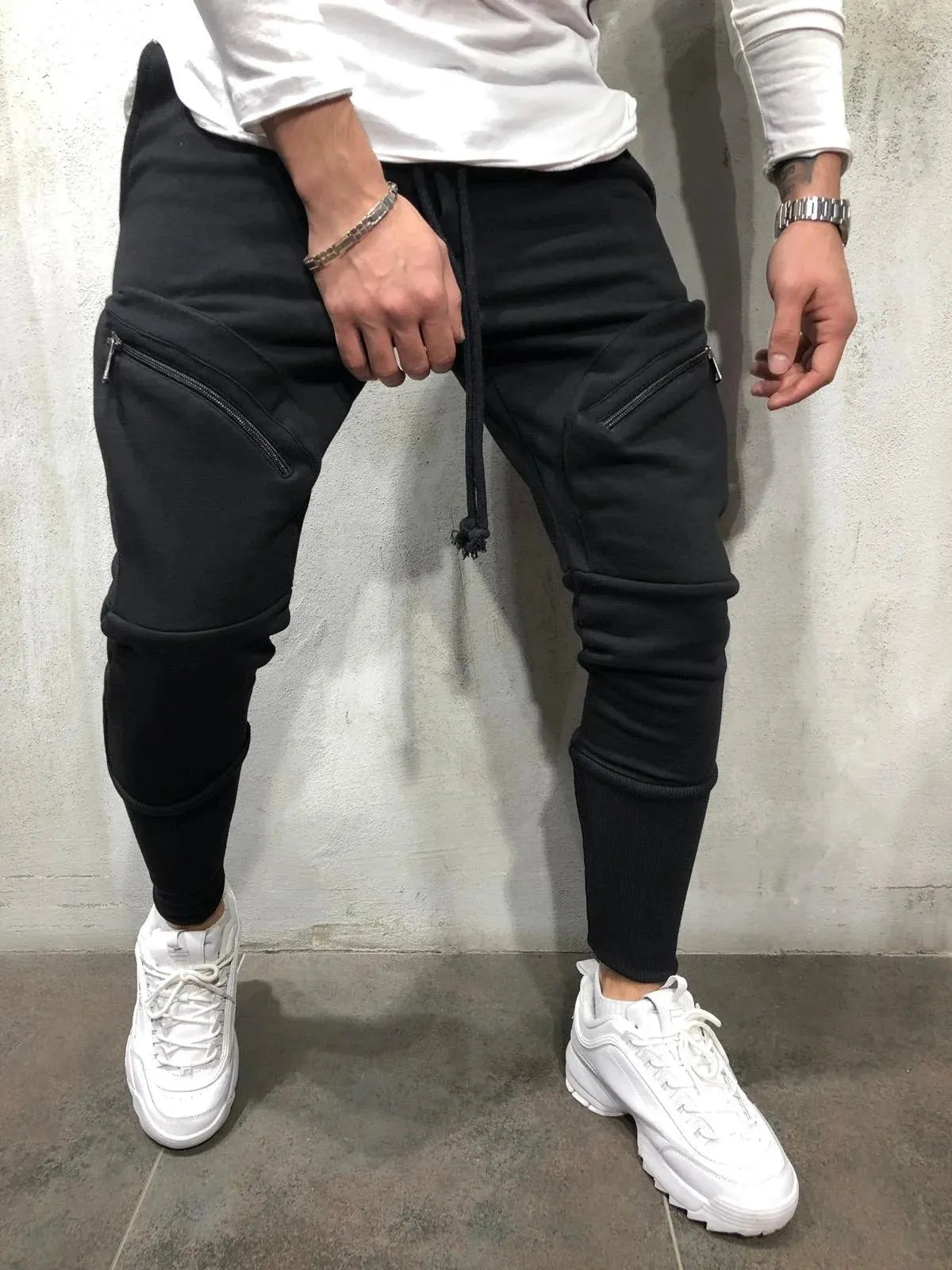 Men's cotton blended micro-elastic zipper casual trousers in black, tapered leg style