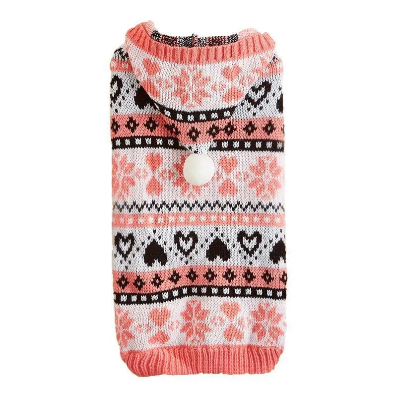 Pink striped camouflage knitted sweater on a small white Bichon Frise dog