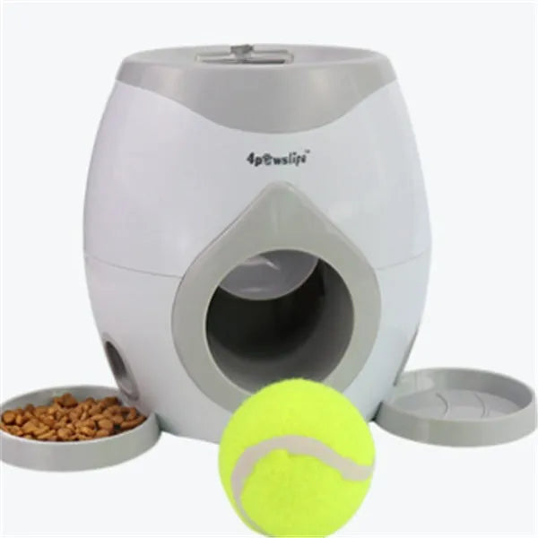 White plastic tennis food reward machine for interactive dog training with snack dispensing