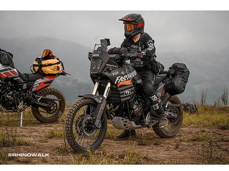 Pair of black waterproof polyester motorcycle side bags on rear seat, 18L capacity