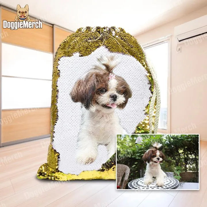 Personalised pet photo backpack with purple sequins and custom dog photograph, drawstring closure