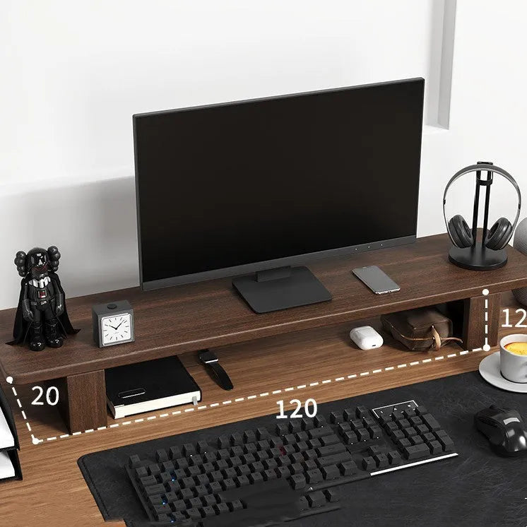 Solid walnut wood computer monitor heightening frame on a wooden desk with a keyboard stored below