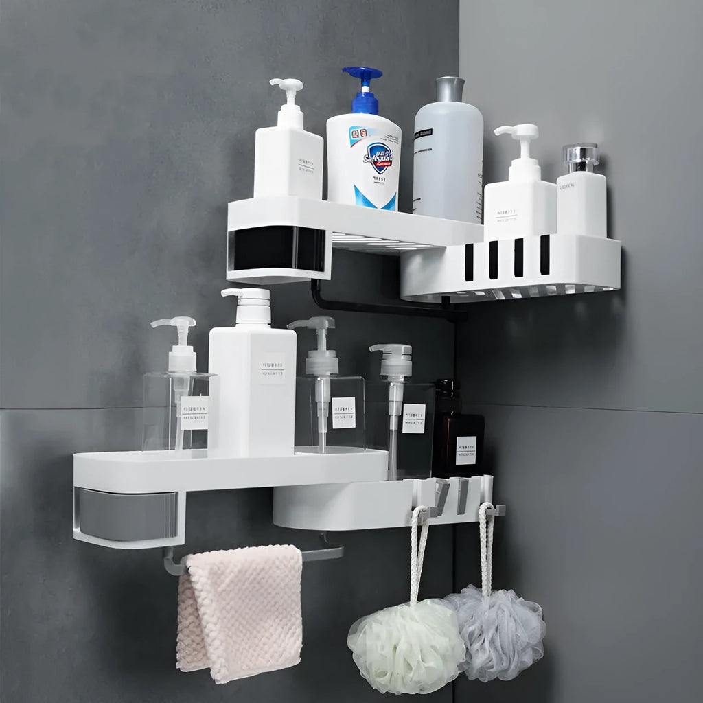 Plastic bathroom corner shelf wall-mounted in black and white colour for shower storage