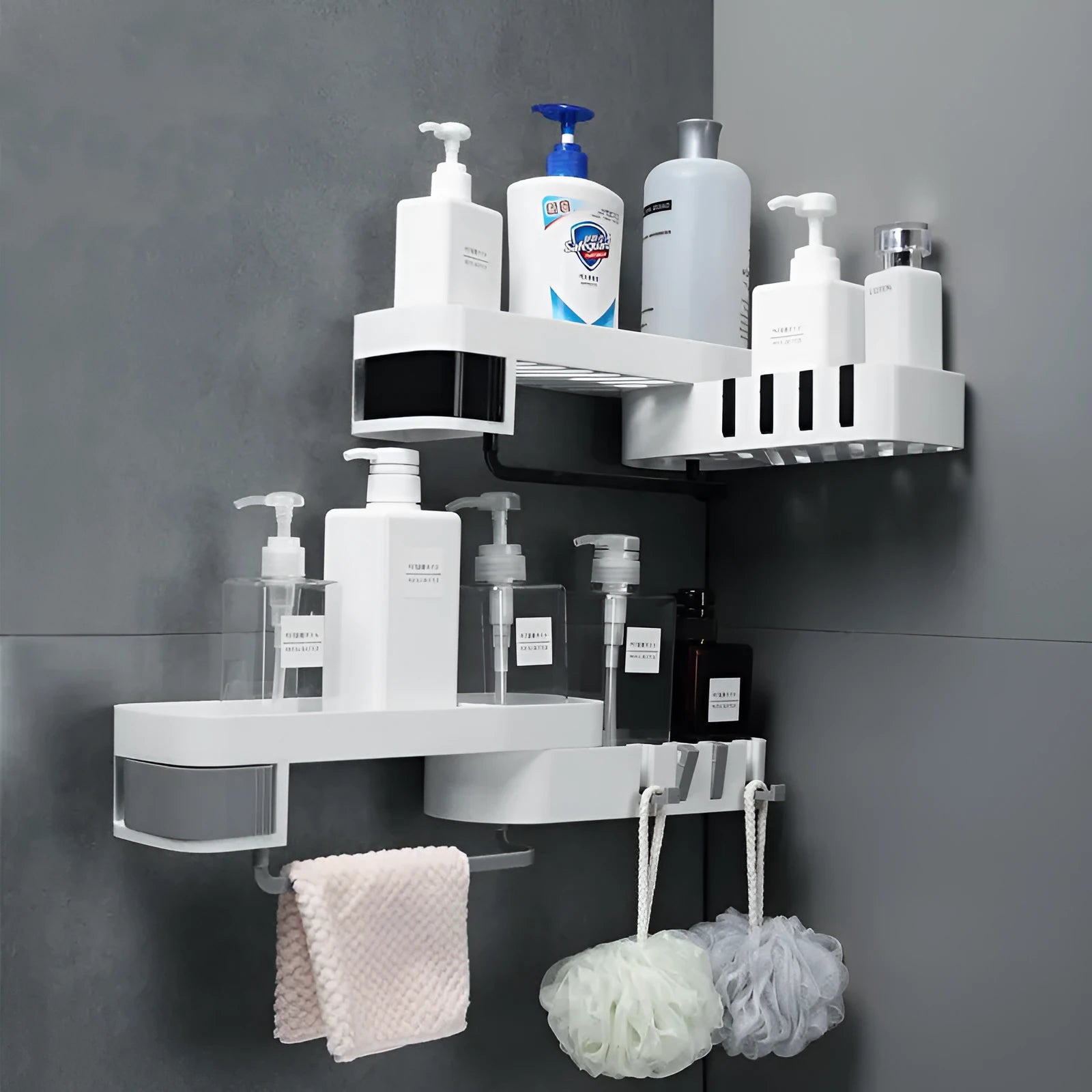 Plastic bathroom corner shelf wall-mounted in black and white colour for shower storage