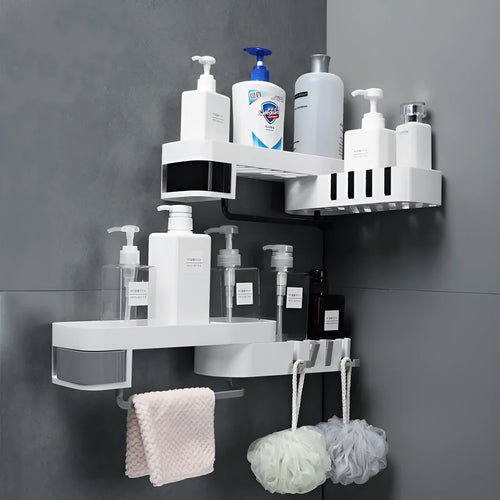 Plastic bathroom corner shelf wall-mounted in black and white colour for shower storage
