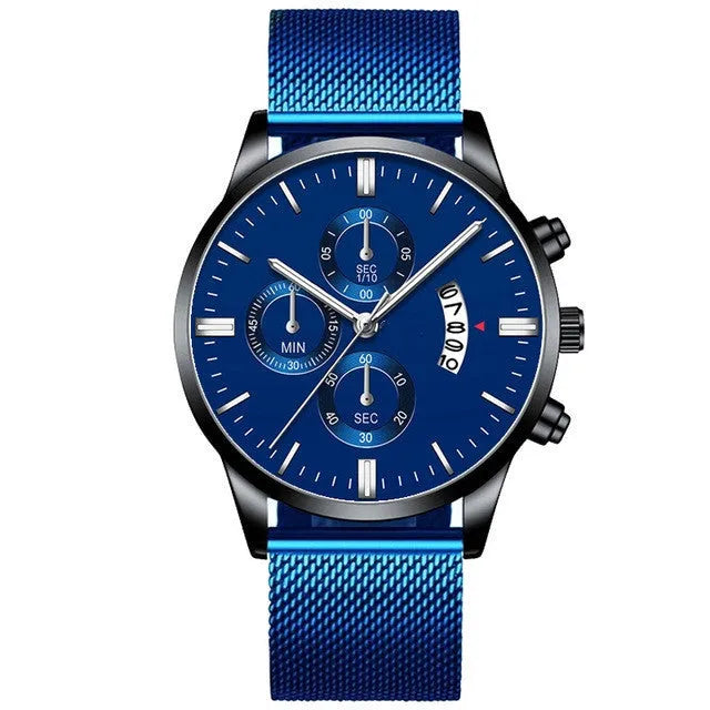 Men's stainless steel mesh band quartz watch showing analogue dial and choice of colour finishes.