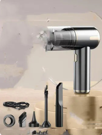 XY-2317 handheld cordless car vacuum cleaner with brush and nozzle attachments on a car seat.