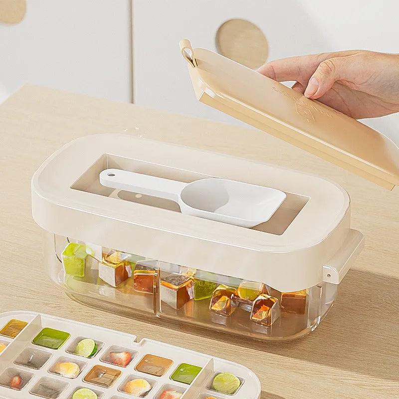 High capacity ice cube tray with grid design and integrated ice shovel storage compartment