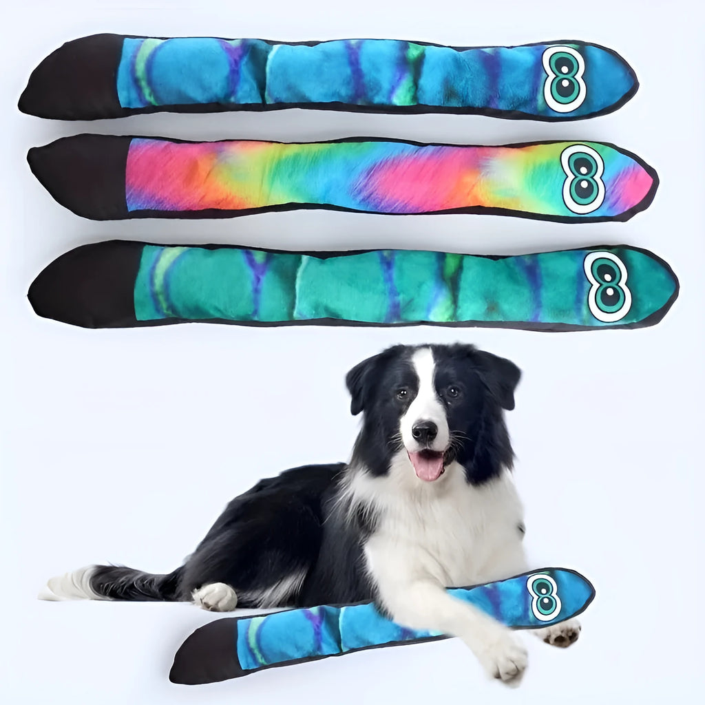 Plush snake dog squeaky toy with printed stripes in blue, green and rainbow colours